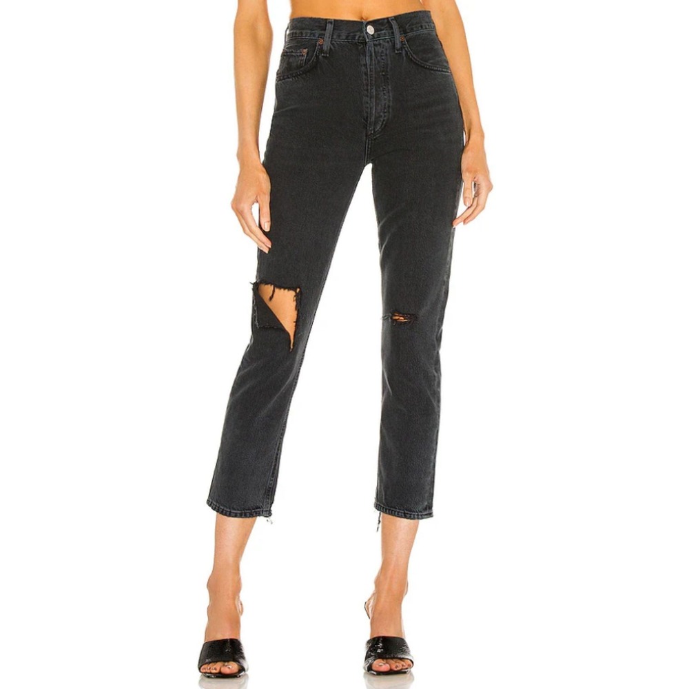 AGOLDE Riley Jeans Womens 28 Black Distressed High Rise Straight Leg Denim